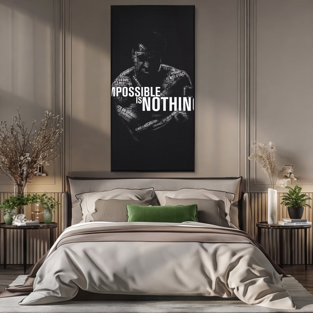 Tablou canvas cu tablou canvas cu silueta masculina si text motivational, in rama de aluminiu negru, pe perete intr-un dormitor